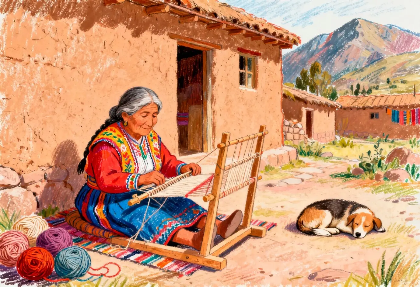 Weber aus den Anden bei der Herstellung traditioneller Textilien